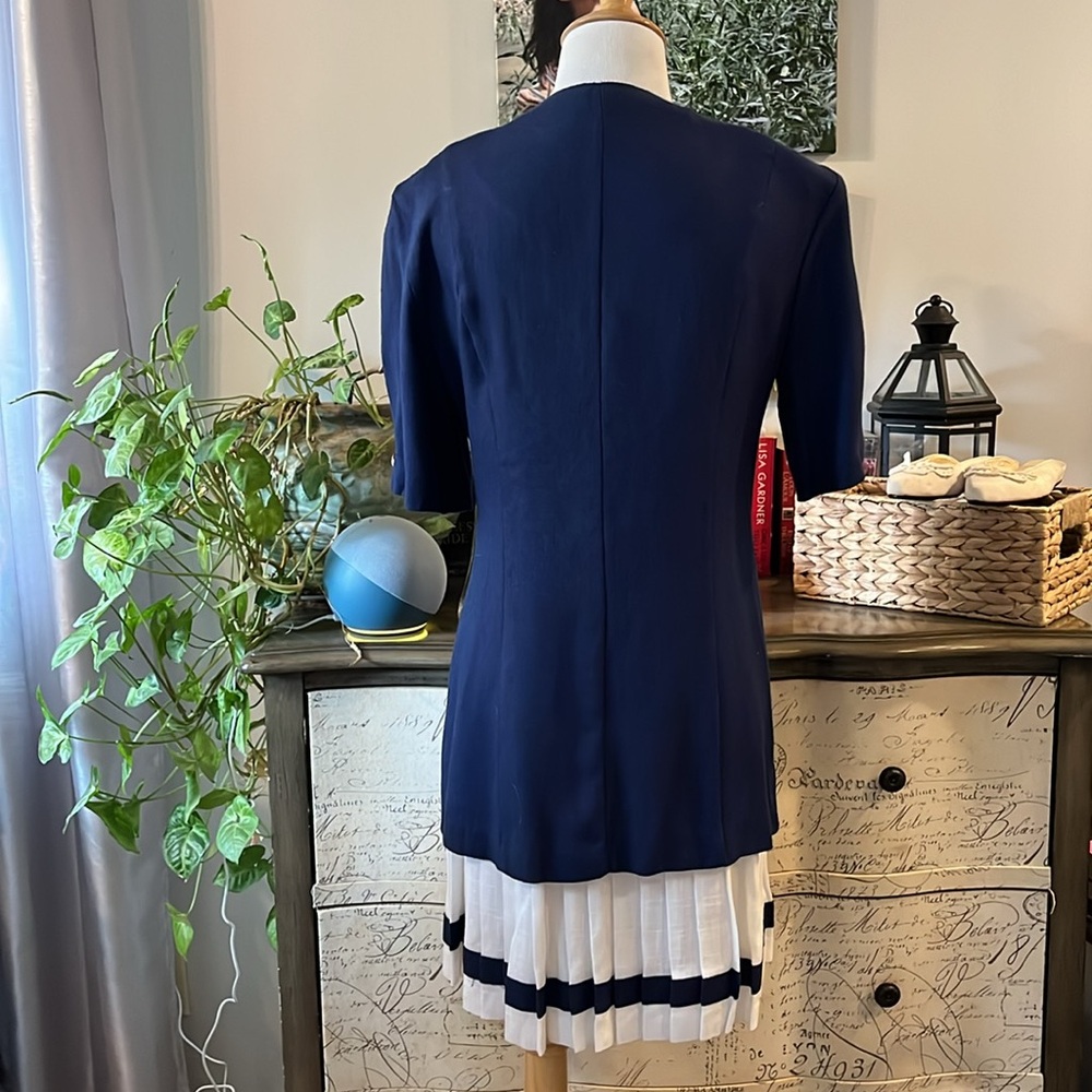 VINTAGE DAWN JOY DOUBLE BREASTED JACKET PLEATED SKIRT SET NAVY BLUE WHITE SIZE 8 - Picture 6 of 13
